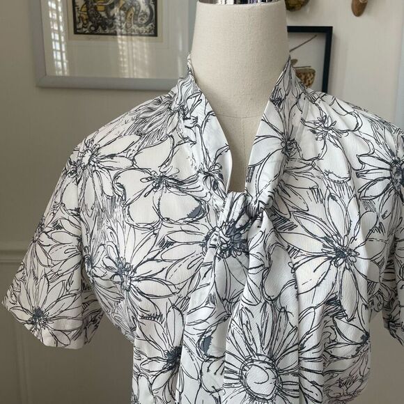 Vintage 70s Cropped Blouse Neck Tie Sketch Floral S - Picture 2 of 8